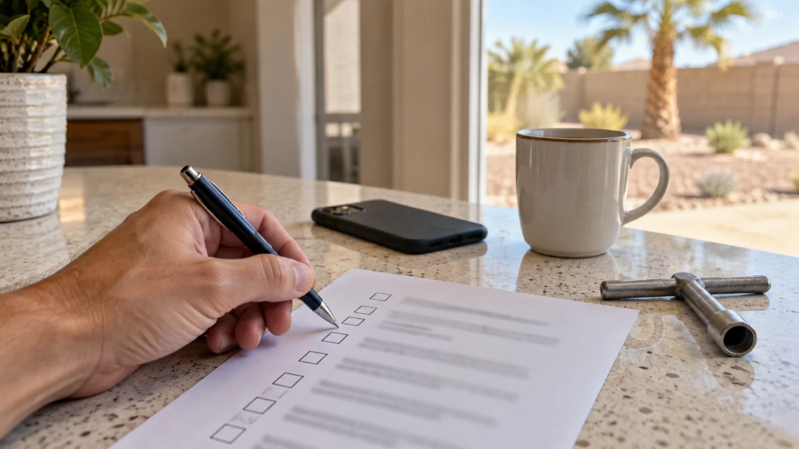 Homeowner's hand ticking a blank checklist beside a meter key at a kitchen counter, choosing leak detection in Las Vegas, NV