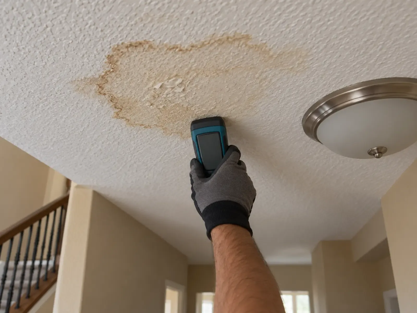 Brown water stain ring on a textured drywall ceiling below a bathroom in a Las Vegas, NV home