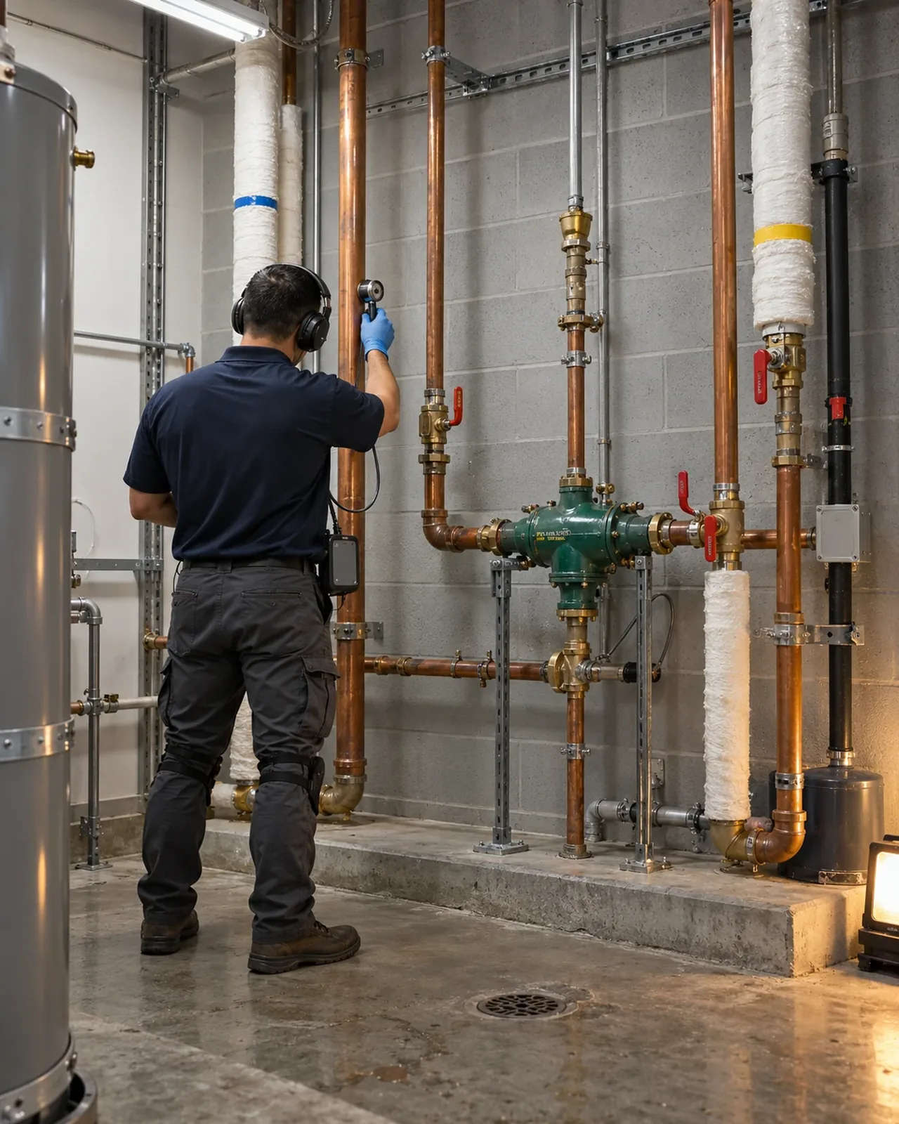 Technician listening to a copper riser with an acoustic probe in a commercial mechanical room in Las Vegas, NV