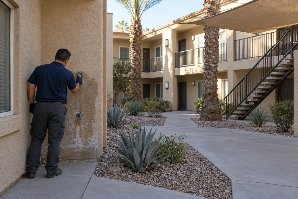 Technician with a moisture meter at a ground-floor unit wall in a stucco apartment courtyard in Las Vegas, NV