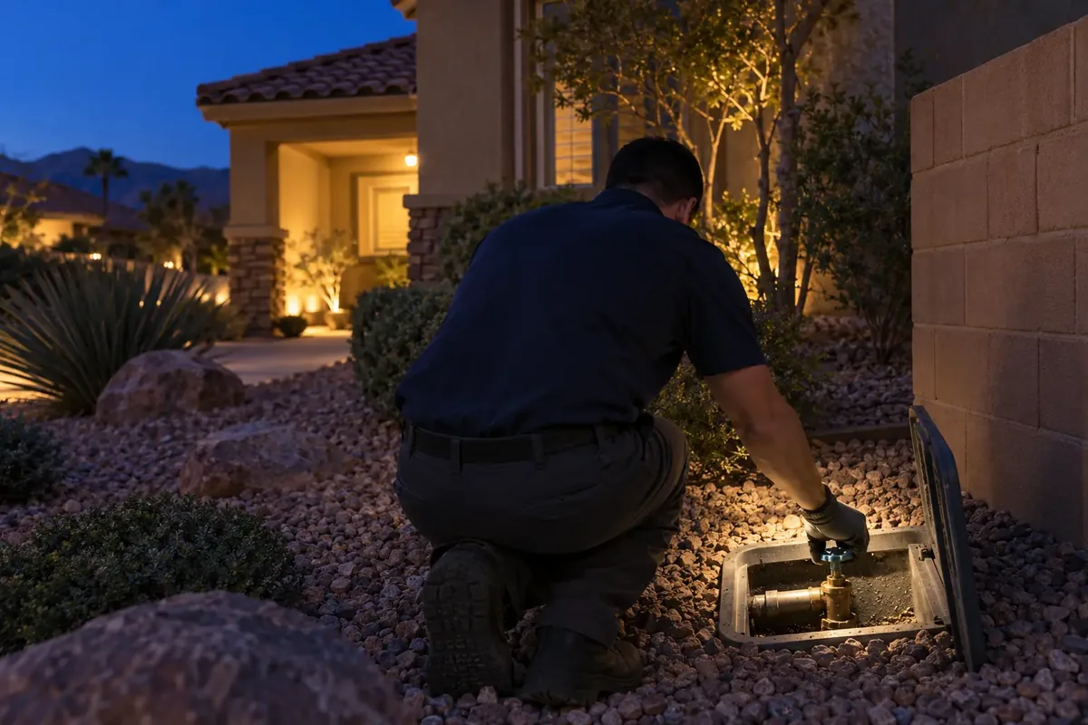 Flashlight on a house shut-off valve in a gravel front yard at dusk during an emergency leak call in Las Vegas, NV