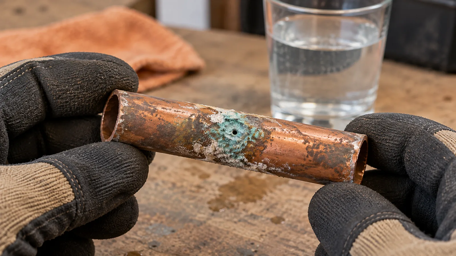 Section of copper pipe with white scale and green pinhole corrosion held in gloved hands in Las Vegas, NV