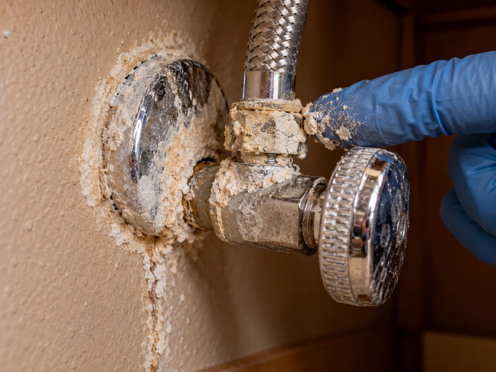 White hard-water scale crusted on a brass supply fitting and angle stop under a sink in Las Vegas, NV