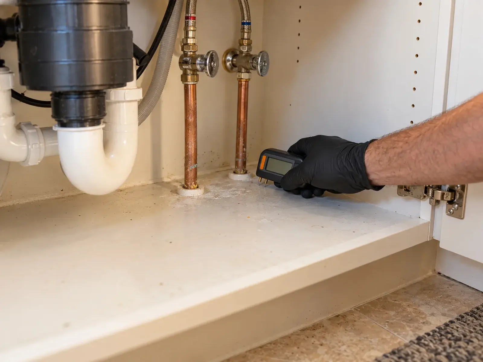 Moisture meter pressed to a swollen cabinet floor under a kitchen sink during hidden leak detection in Las Vegas, NV