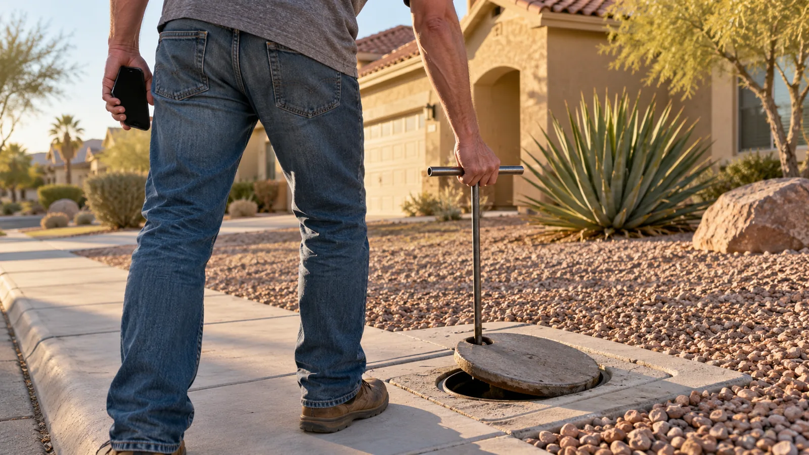 Homeowner lifting a water meter lid with a meter key in a gravel front yard to check for a leak in Las Vegas, NV