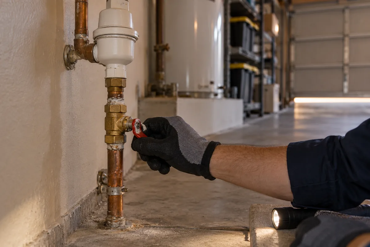 Gloved hand closing a house water shut-off valve on a garage wall to isolate a hidden leak in a Las Vegas, NV home