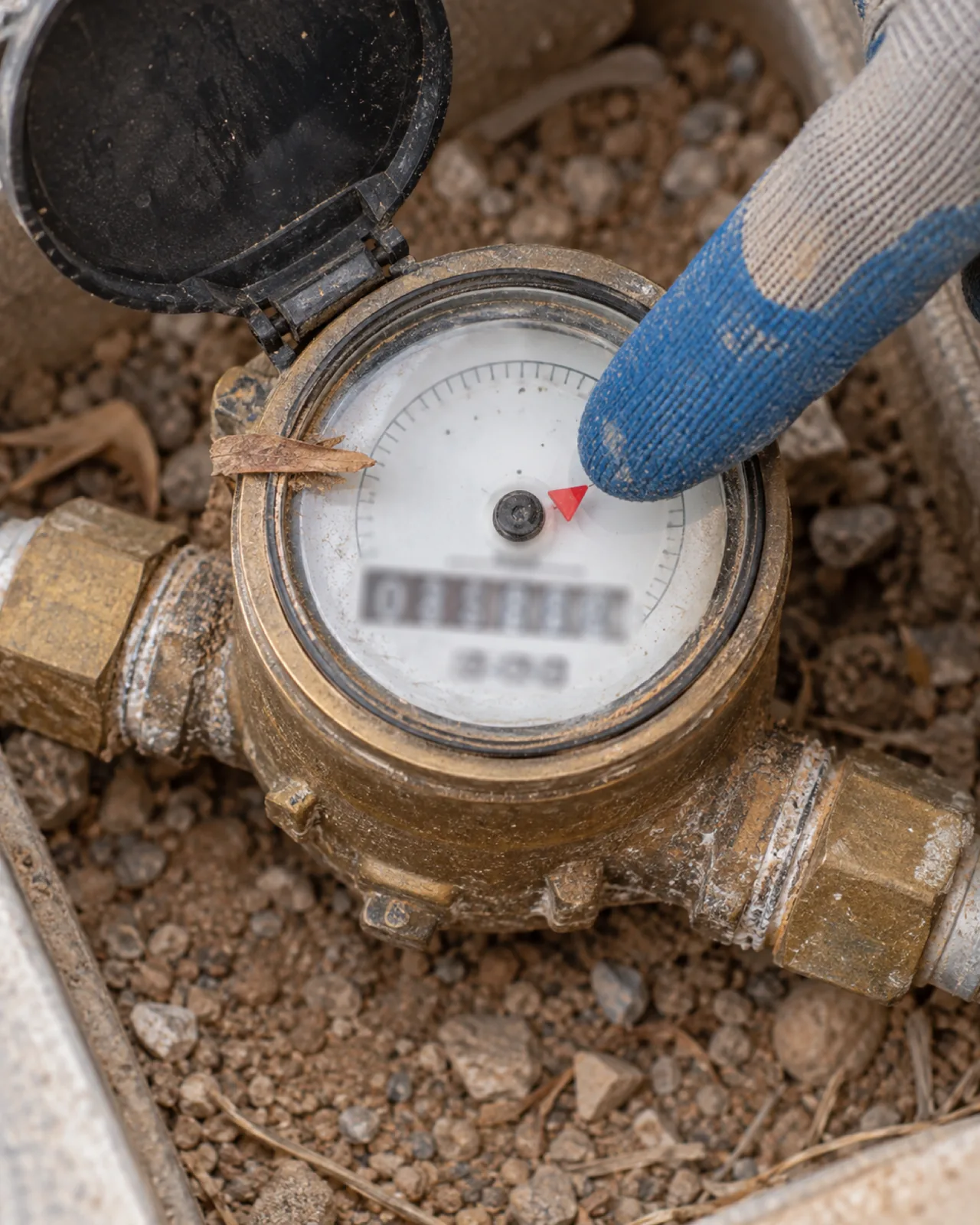 Close-up of a residential water meter register with a red flow-indicator triangle inside a meter box in Las Vegas, NV