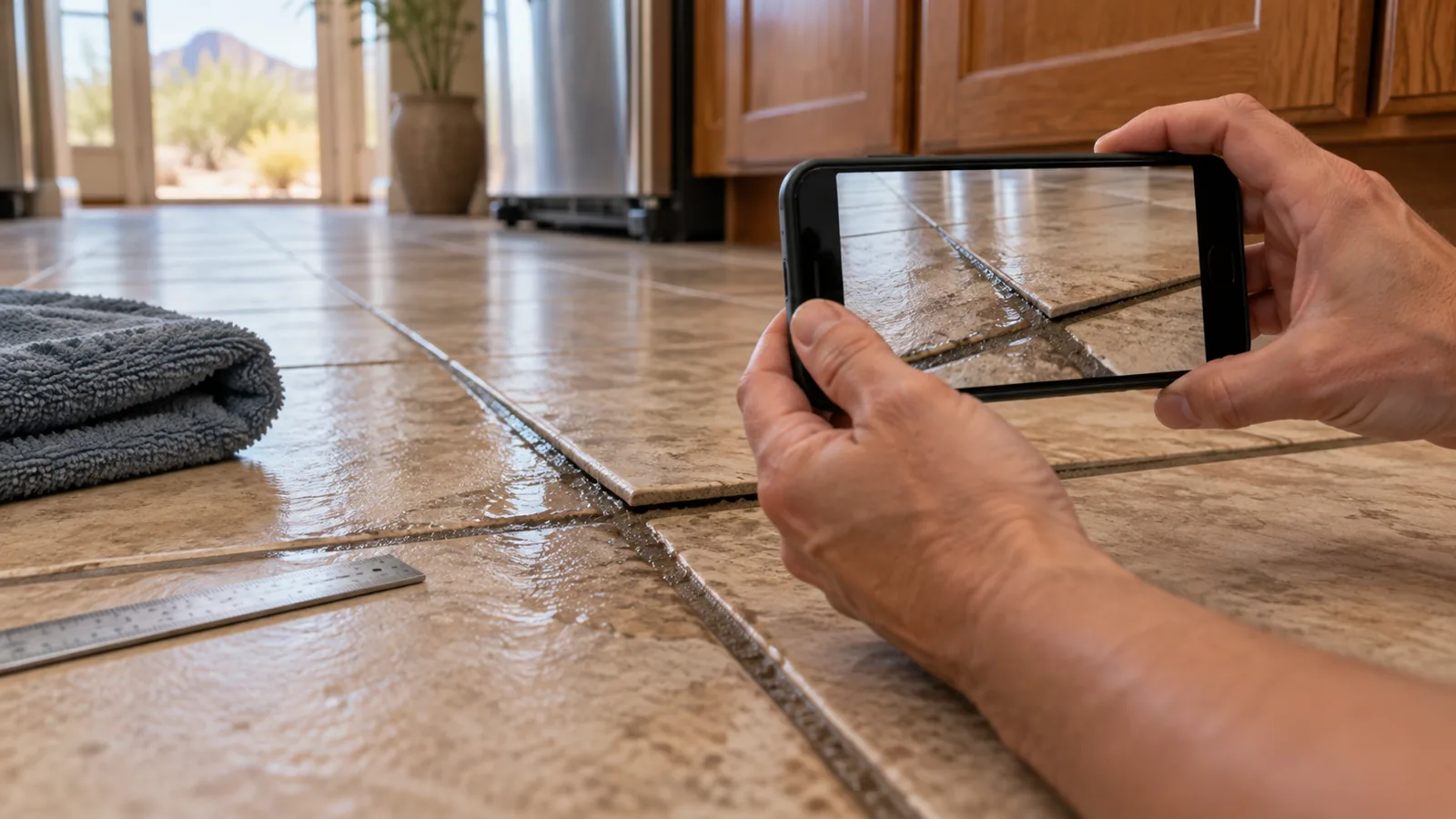 Phone photographing a damp grout line on a tile floor to document a slab leak for insurance in a Nevada home