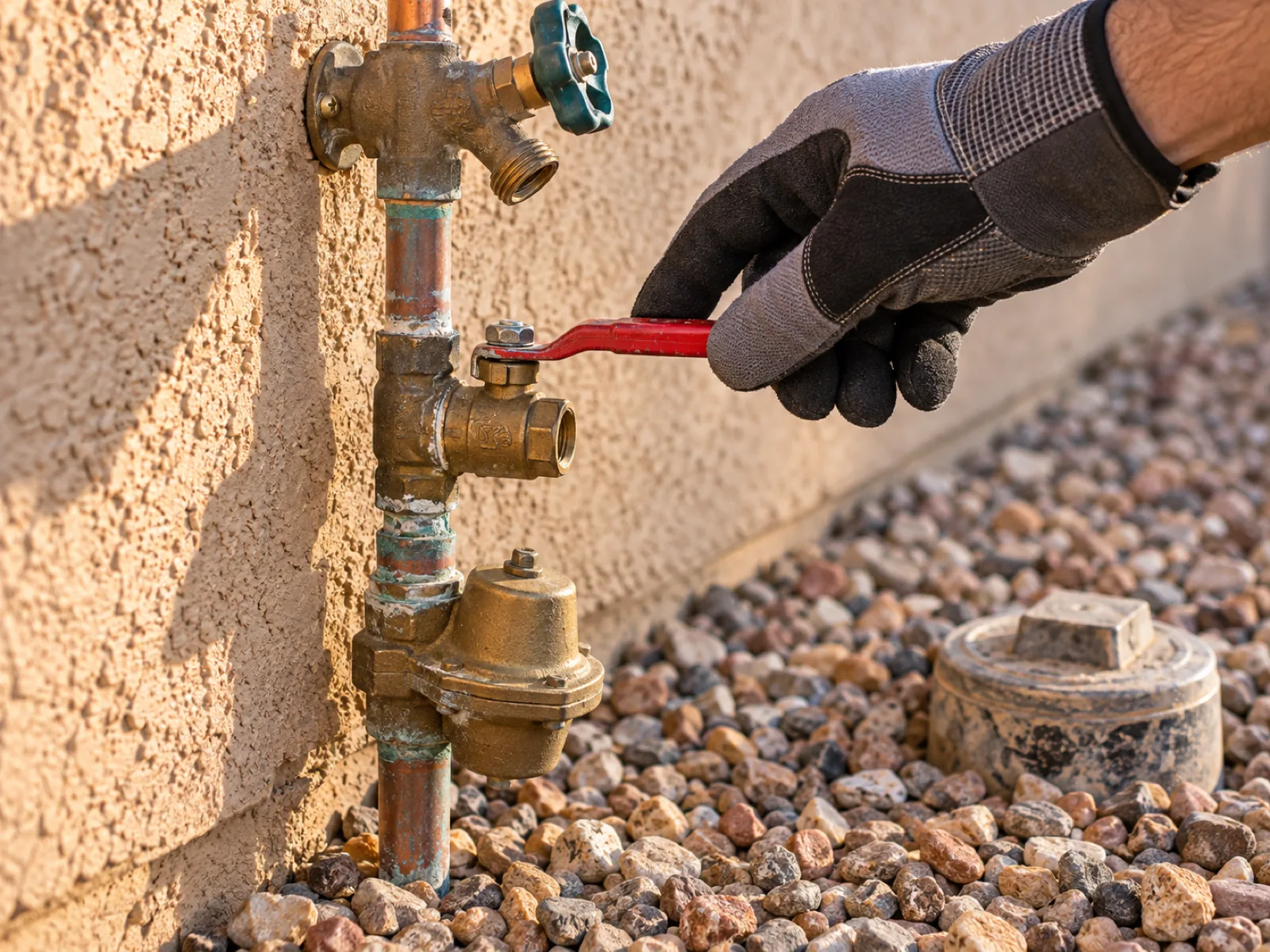 House water shut-off valve with a red lever handle on copper pipe against a tan stucco wall in Las Vegas, NV