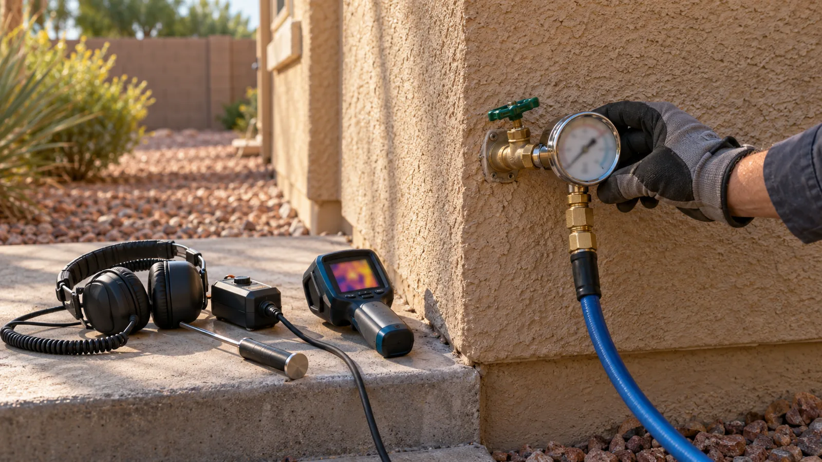 Pressure gauge on a hose bib, acoustic probe and thermal camera on a gravel step at a Las Vegas, NV home