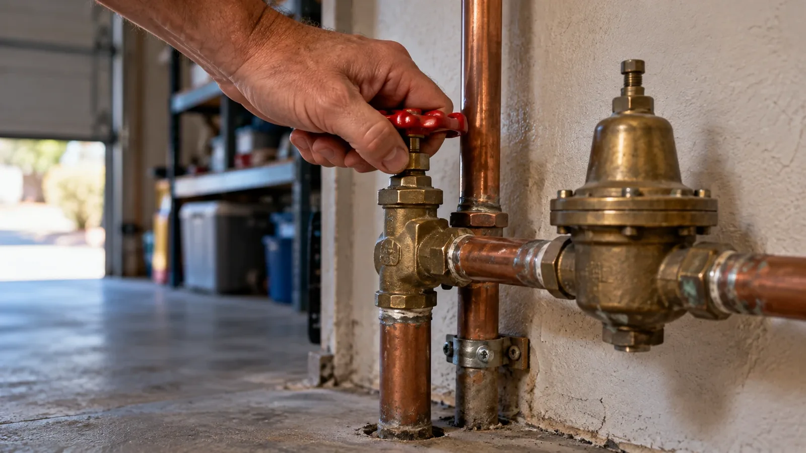 Hand turning a gate-valve wheel on the main water line in a Las Vegas, NV garage beside a pressure regulator