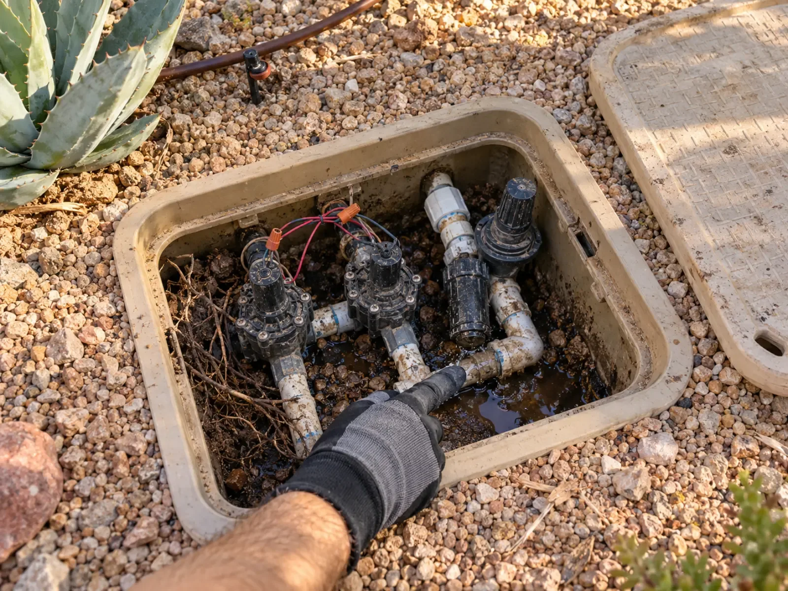 Open irrigation valve box in a gravel desert yard with wet soil around a drip valve, a high water bill clue in Las Vegas, NV