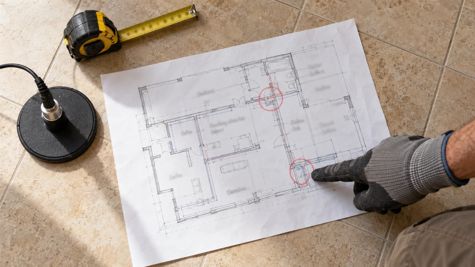 Floor plan sketch with pipe runs and a tape measure on tile, showing leak detection cost factors in Las Vegas, NV