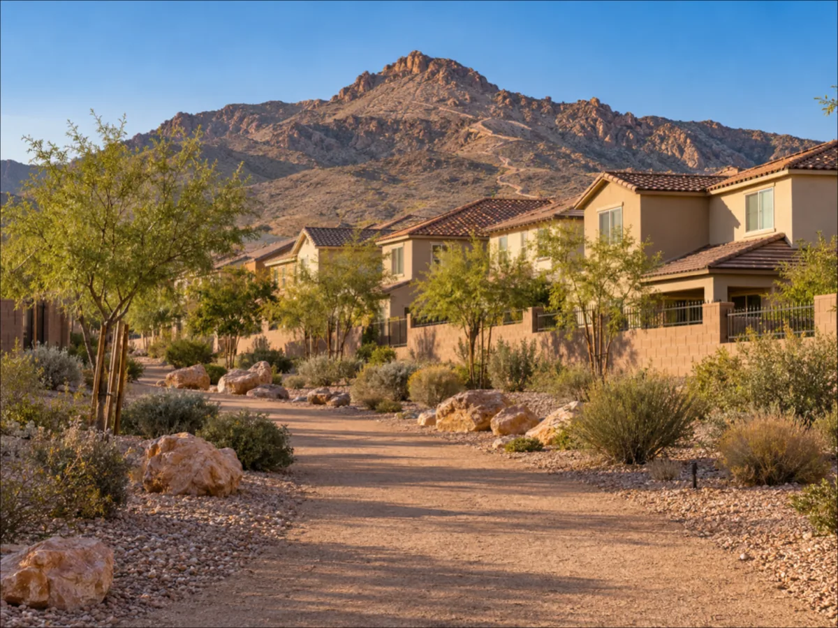 Mountains Edge homes in Enterprise, NV with a rocky desert peak rising behind the rooftops
