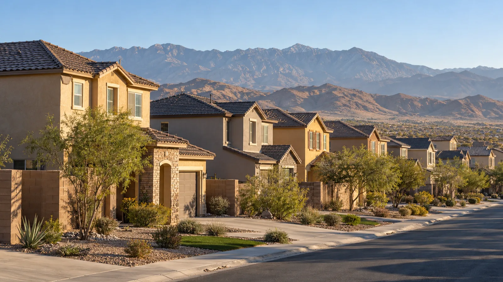 Rows of newer two-storey stucco homes and block walls in Enterprise, NV, desert hills on the western horizon