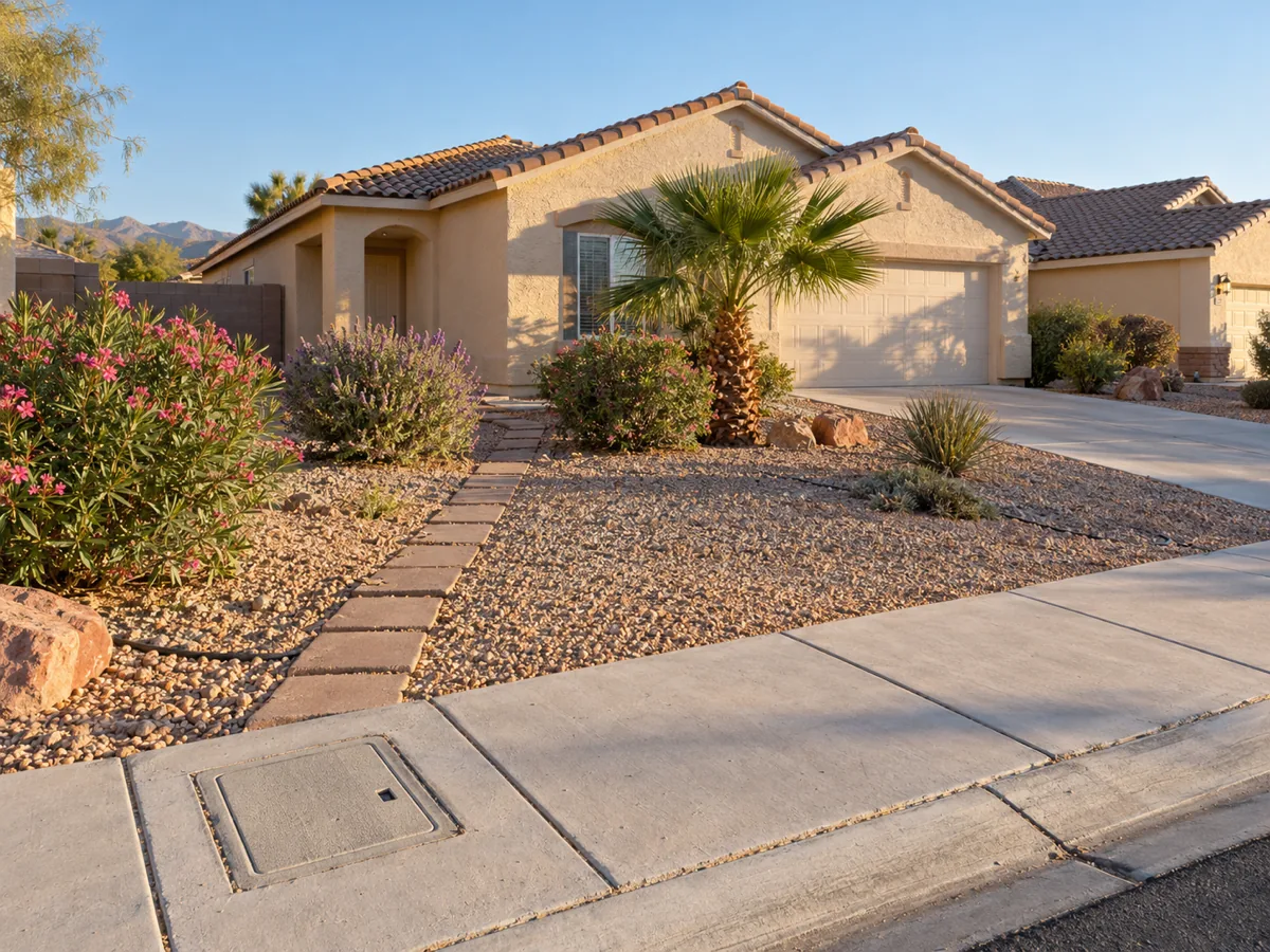 Late-1990s single-storey stucco homes with tile roofs and rock yards in Silverado Ranch, Enterprise, NV
