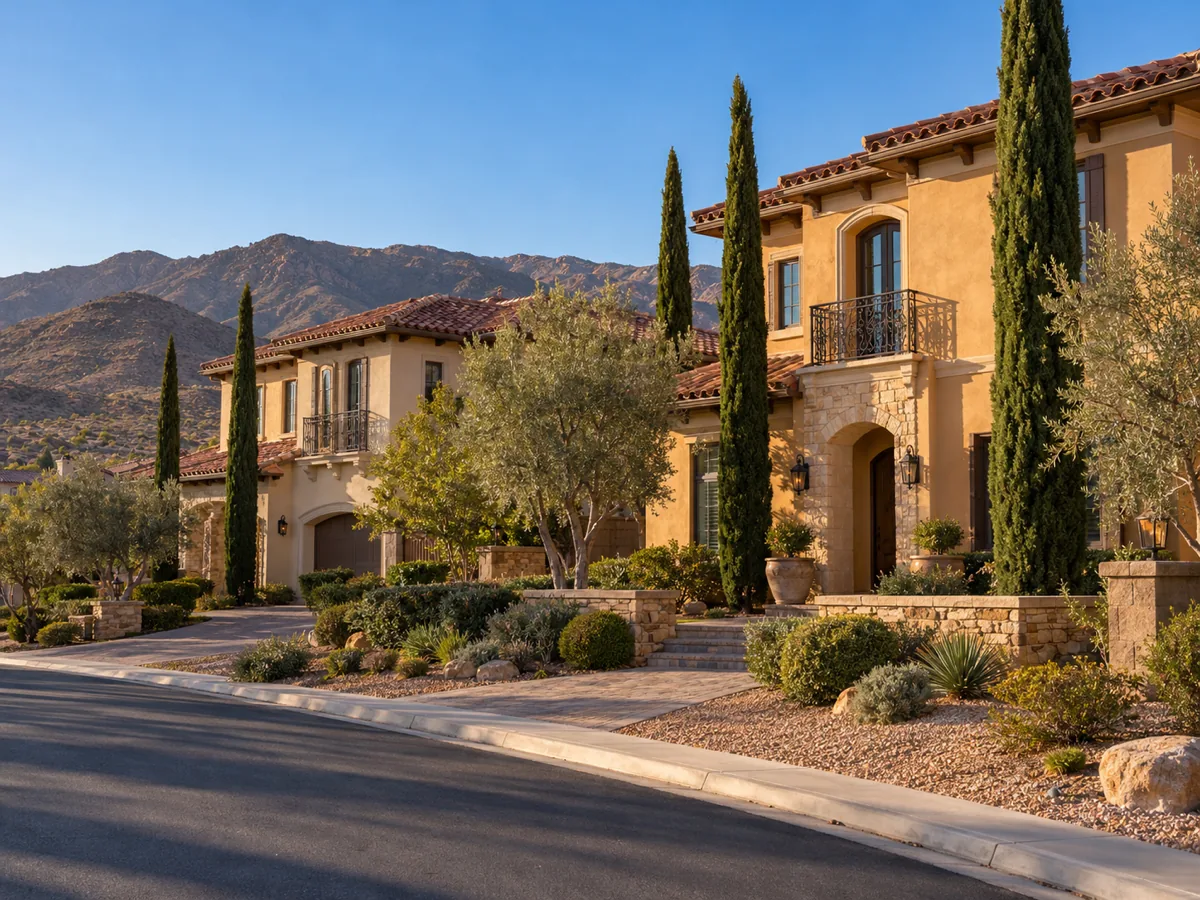 Tuscan-style homes with ochre stucco, barrel tile roofs and cypress trees in Southern Highlands, Enterprise, NV