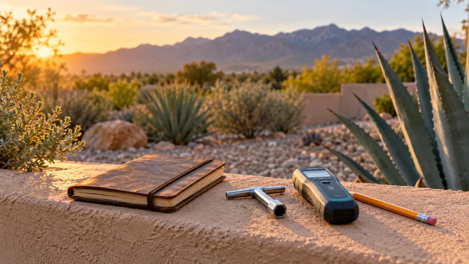 Field notebook, meter key and moisture meter on a stucco ledge at golden hour in Las Vegas, NV