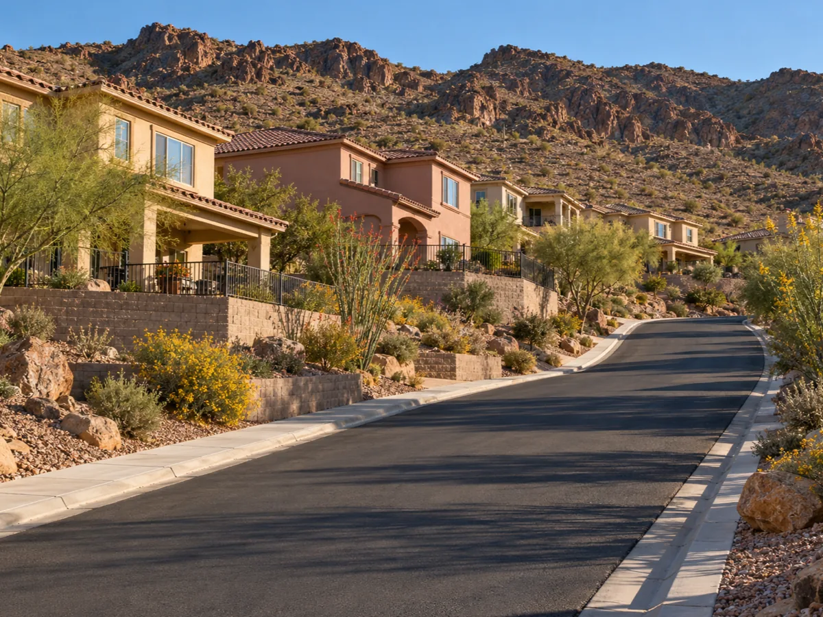 Two-storey stucco homes on terraced hillside lots in Anthem, Henderson, NV, with a rugged brown ridge behind
