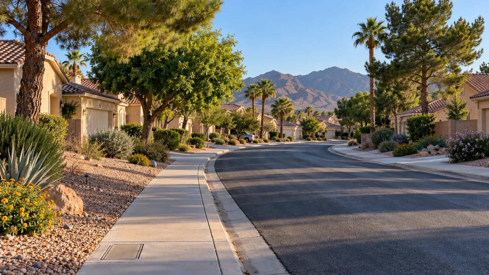 Tree-lined Green Valley street in Henderson, NV with stucco homes, tile roofs and gravel yards in early morning sun