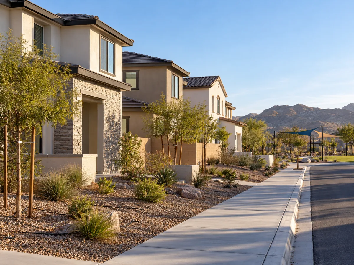 New desert contemporary two-storey homes with young trees and fresh block walls in Inspirada, Henderson, NV