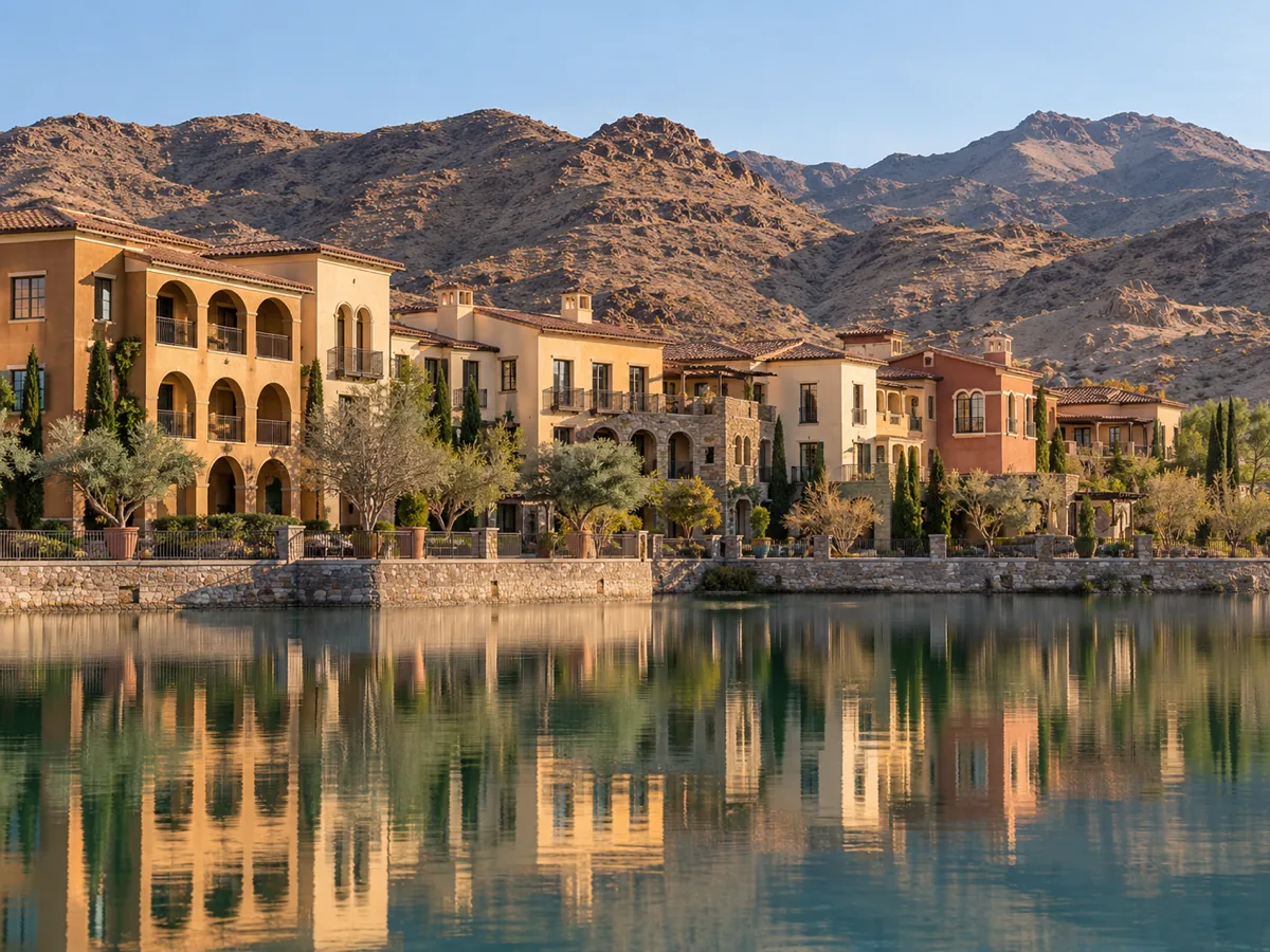 Mediterranean-style stucco buildings with clay tile roofs reflected in the calm water of Lake Las Vegas, Henderson, NV