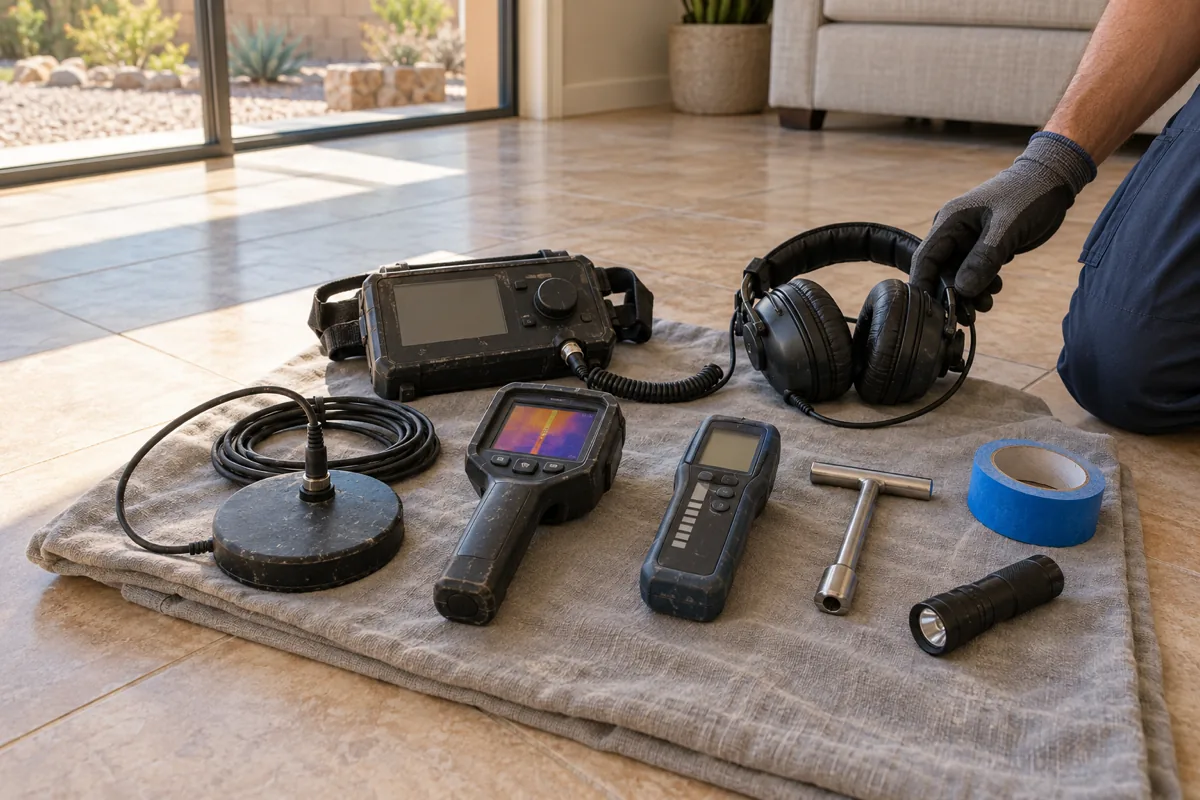 Leak detection tools laid out on a tile floor: listening device, thermal camera and moisture meter, Las Vegas, NV