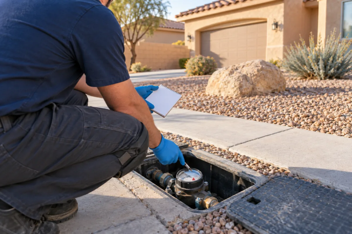 Technician checking a residential water meter register for movement with all fixtures off at a Las Vegas, NV home