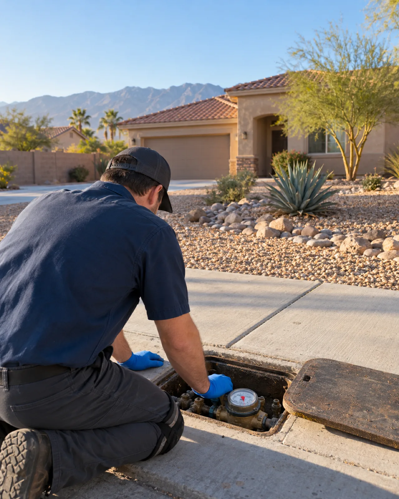 Technician kneeling at an open curbside water meter box outside a stucco home in Las Vegas, NV