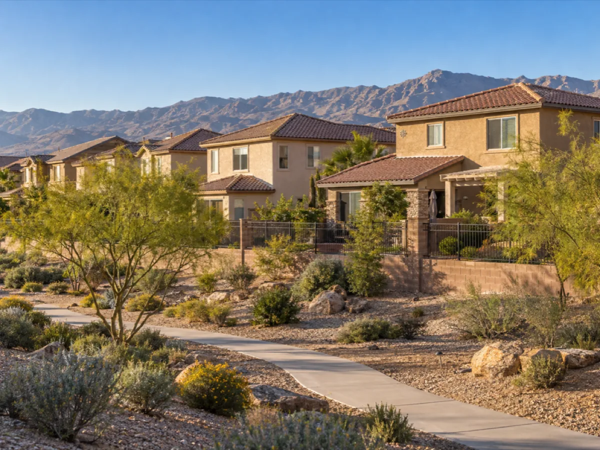 Two-storey stucco homes beside a desert-landscaped greenbelt in Aliante, North Las Vegas, NV, ridges to the north