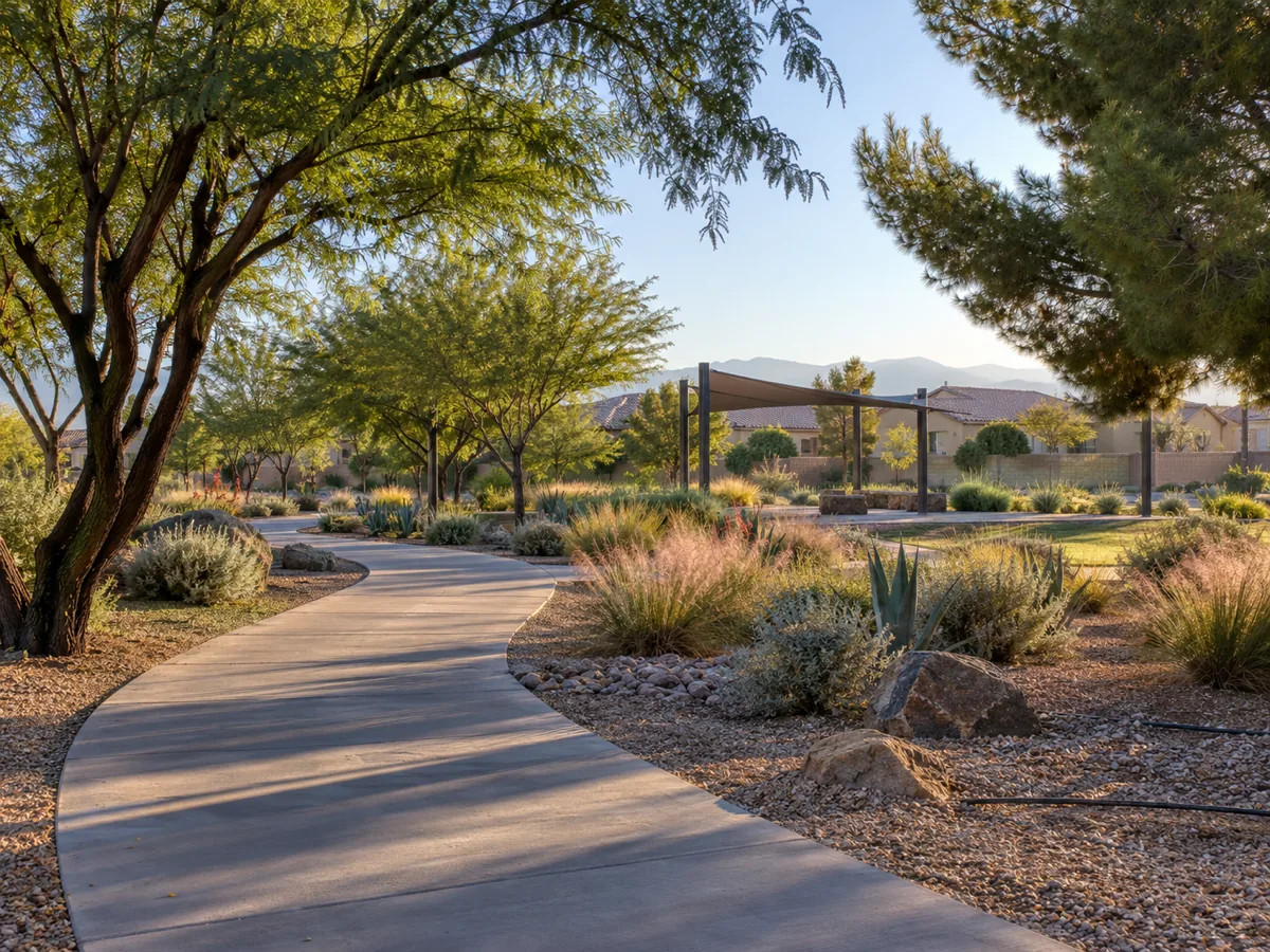 Curving walking path past shade trees and desert planting in Craig Ranch Regional Park, North Las Vegas, NV