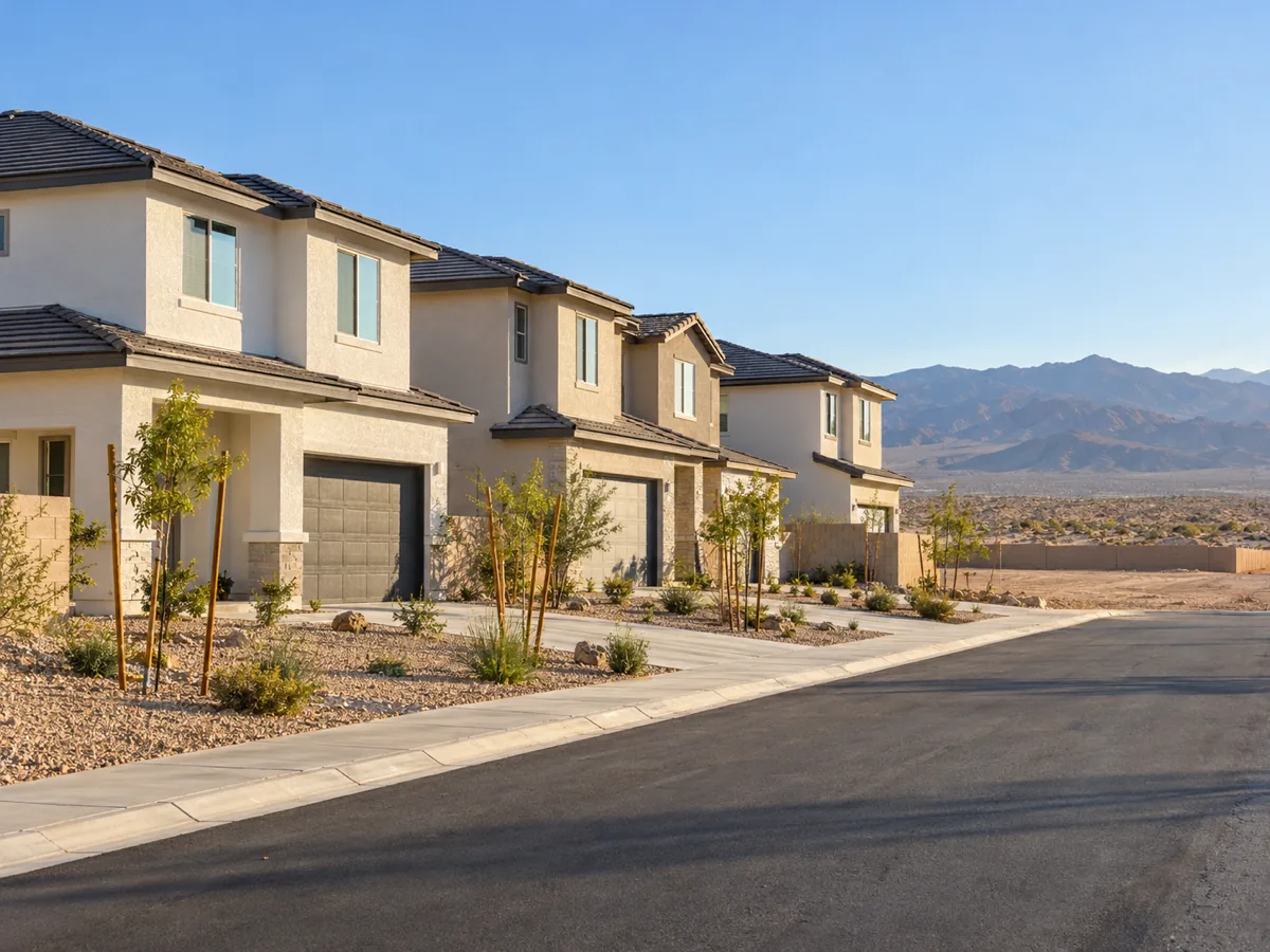 Row of new two-storey homes with fresh stucco and young trees in Valley Vista, North Las Vegas, NV