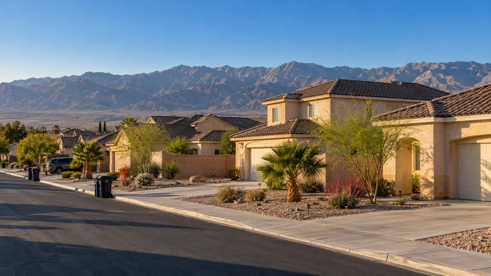 Stucco tract homes with tile roofs and gravel yards on a North Las Vegas, NV street, mountains on the northern horizon