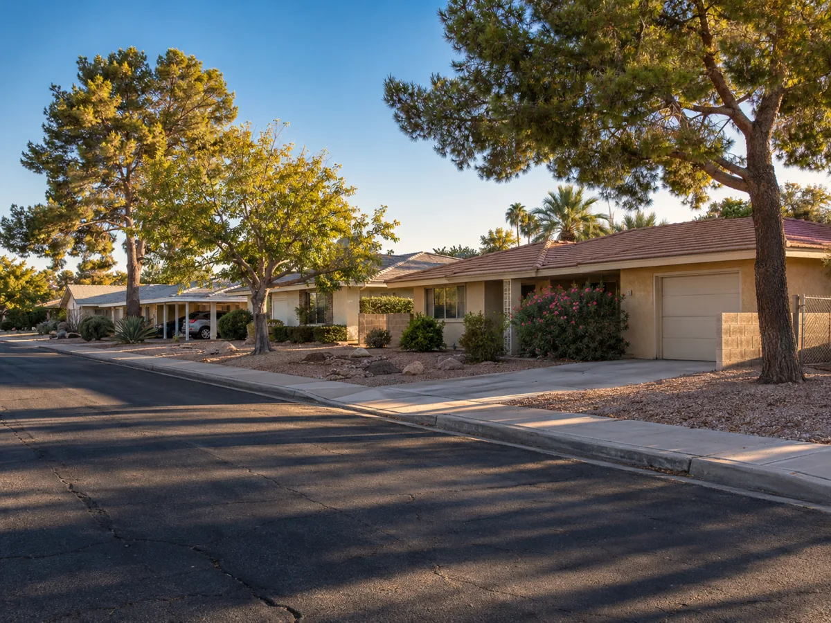 Older single-storey ranch homes with mature trees and rock yards in the 89119 area of Paradise, NV
