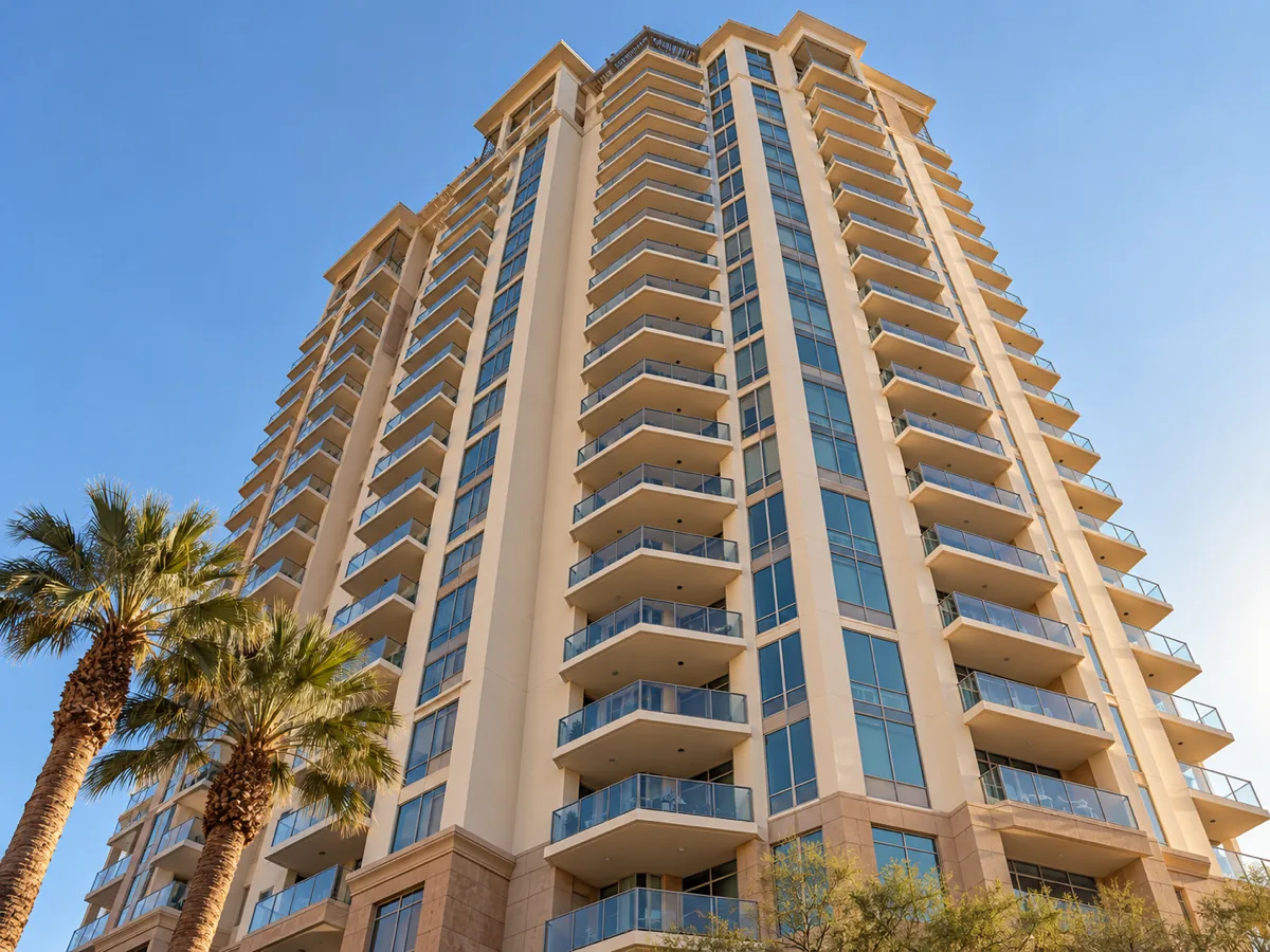 Looking up at stacked balconies of a residential condo tower in Paradise, NV with palms at its base