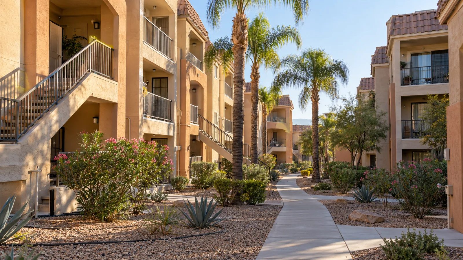 Three-storey stucco condo buildings with exterior stairs and palms around a courtyard in Paradise, NV