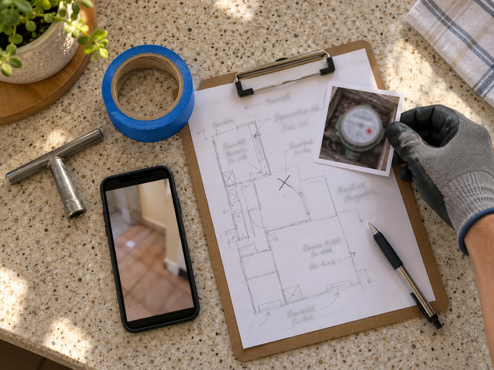 Clipboard with an unreadable leak findings sketch, a meter key and a phone on a kitchen counter in a Las Vegas, NV home