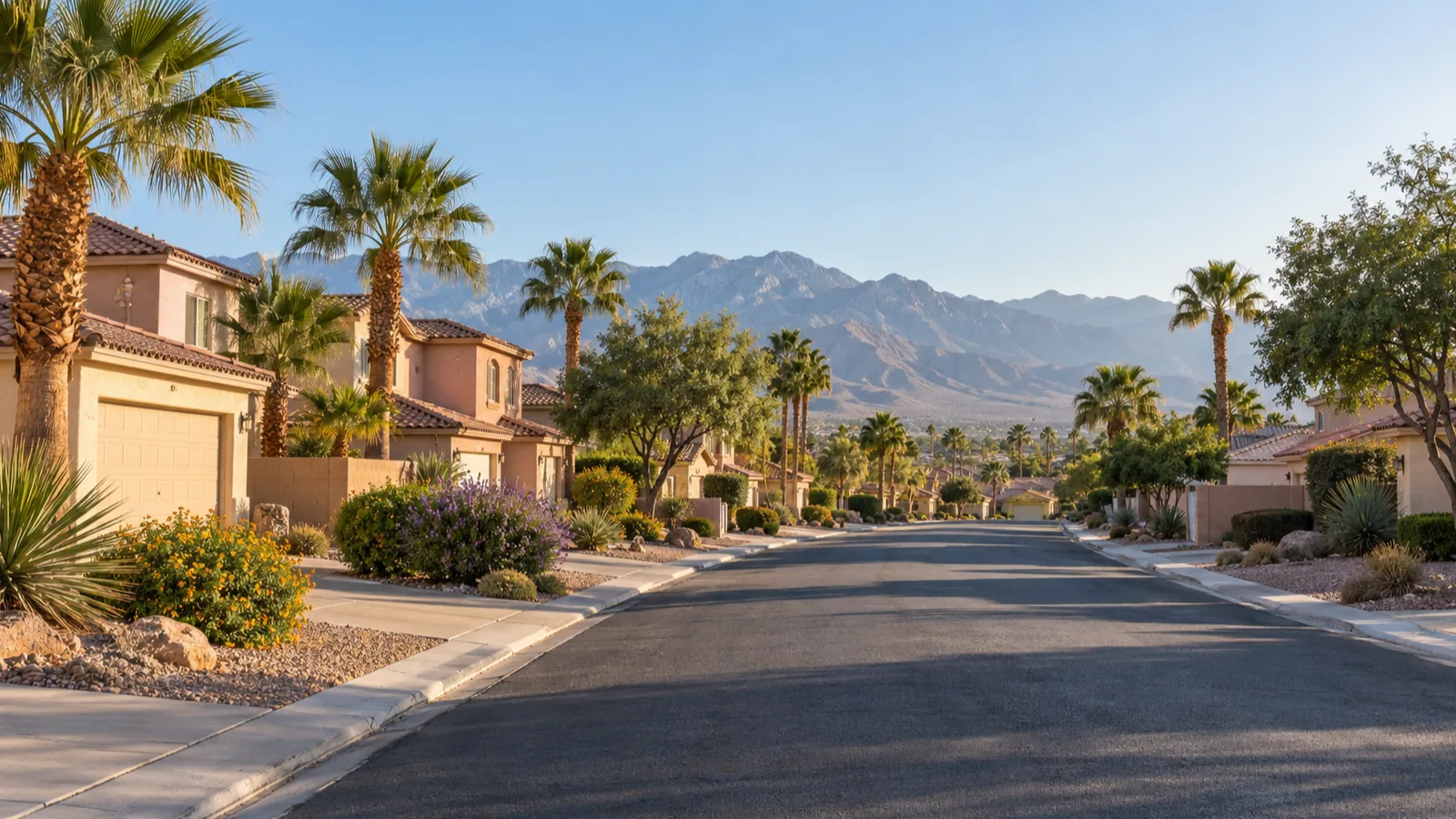 Established 1990s stucco homes with tile roofs and mature palms on a Spring Valley, NV street, mountains to the west