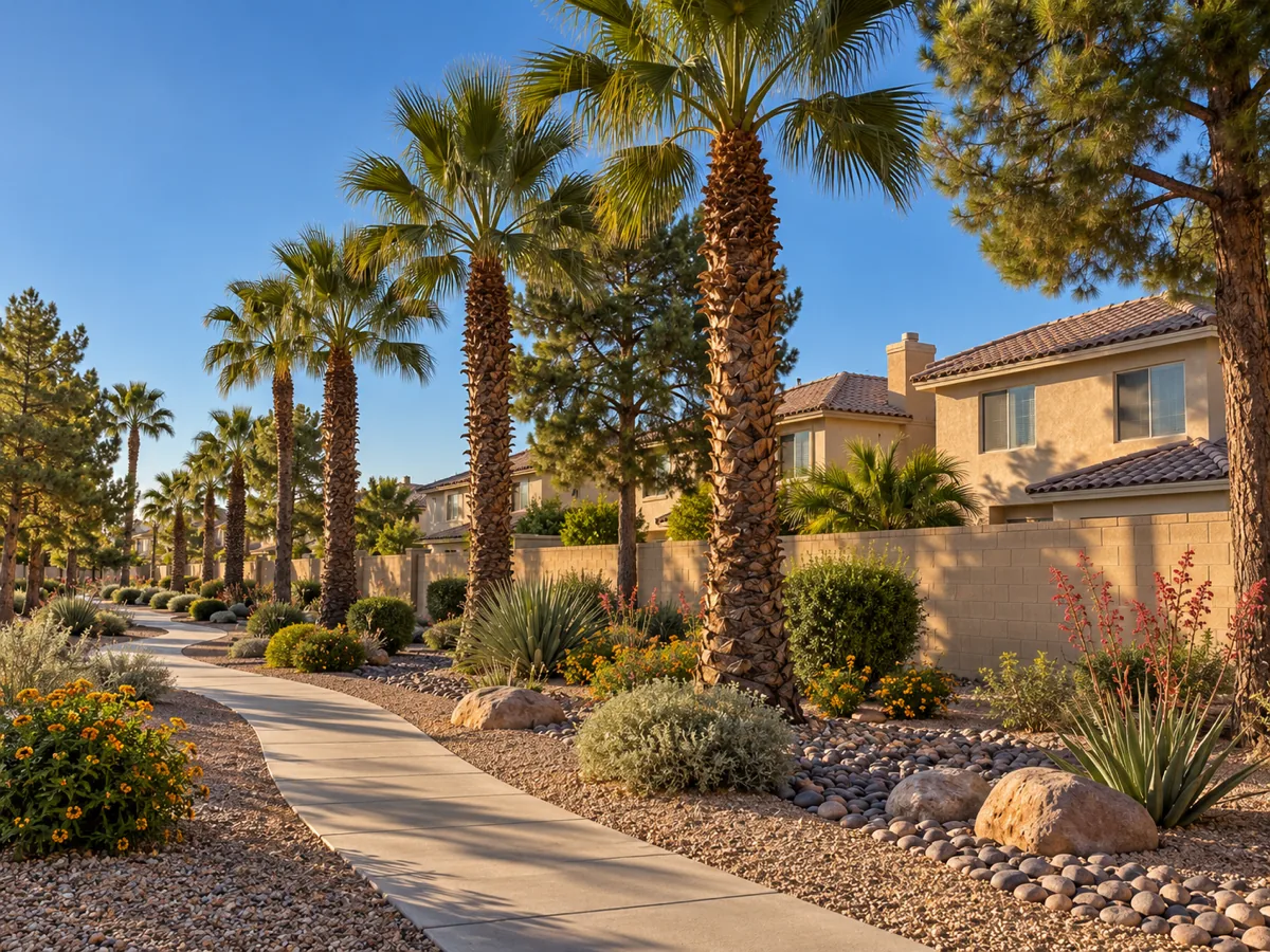 Palm-lined desert parkway in front of established stucco homes in the 89117 area of Spring Valley, NV