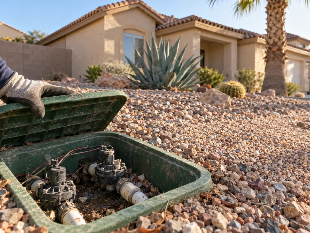Open irrigation valve box in a gravel front yard of a 1990s stucco home in southwest Spring Valley, NV
