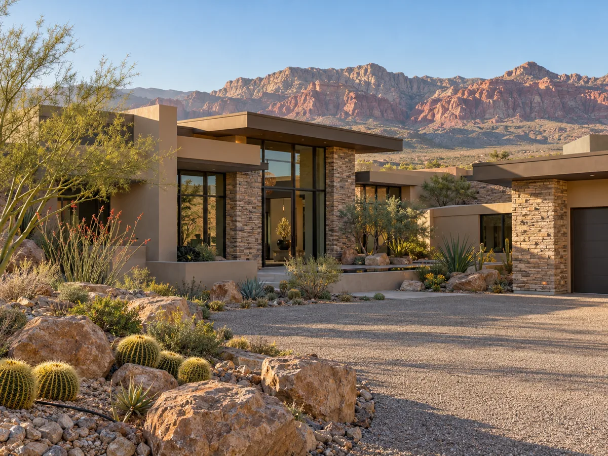 Desert contemporary home with stacked stone and flat roofs near Red Rock Canyon in Summerlin South, NV