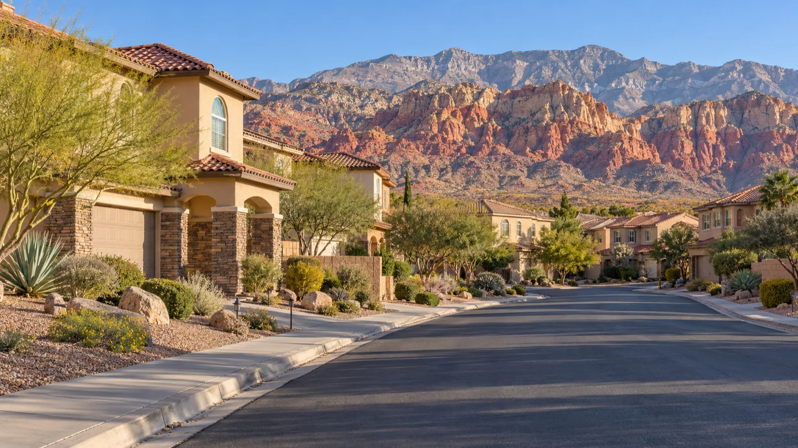 Two-storey stucco homes with tile roofs in Summerlin, NV, the red and cream sandstone of Red Rock Canyon beyond