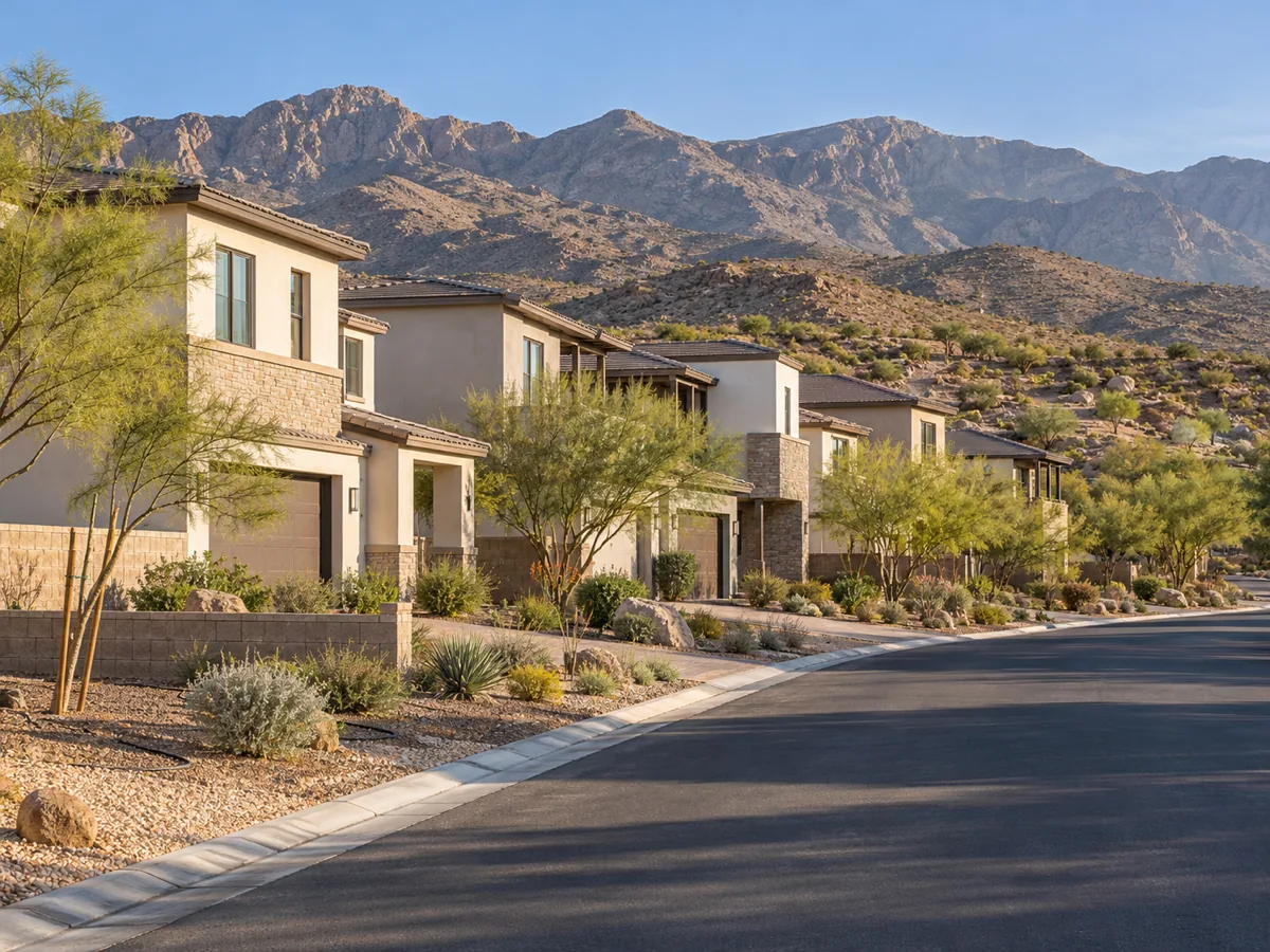 Newer two-storey homes with clean stucco lines and young desert plants in Summerlin West, Las Vegas, NV