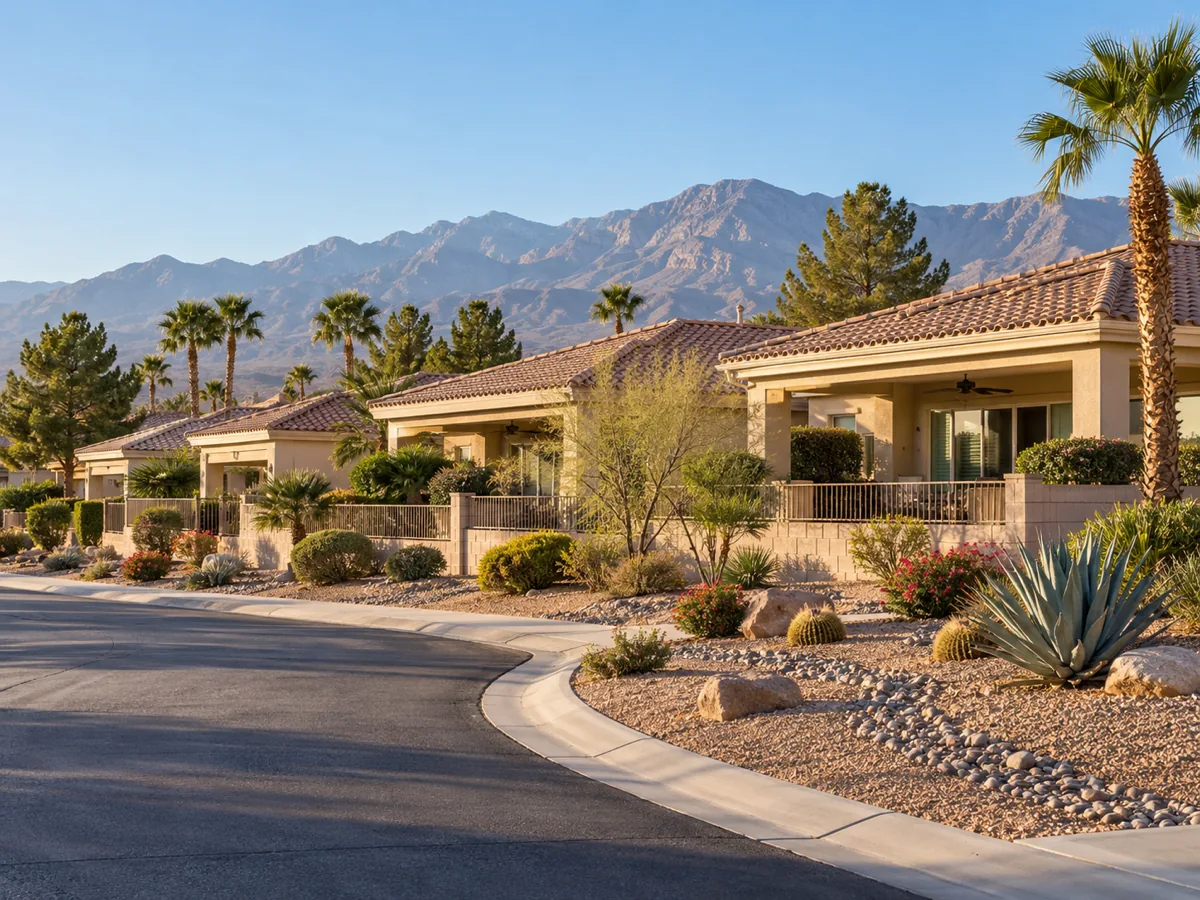 Single-storey 1990s stucco homes with tile roofs beside a desert-edged fairway in Sun City Summerlin, NV