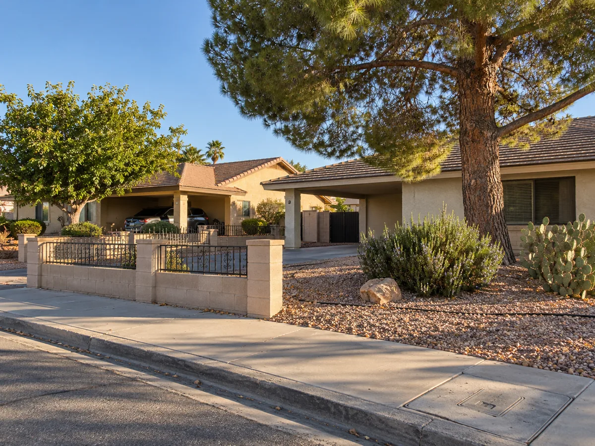 Mature street of single-storey stucco homes with carports and large pines in the 89110 area of Sunrise Manor, NV