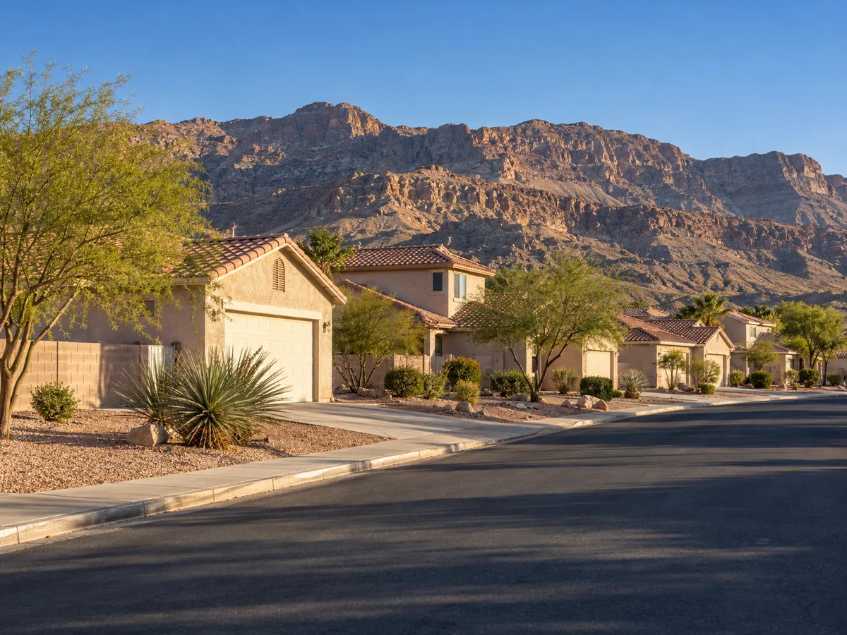 1990s stucco homes with tile roofs in the 89142 area of Sunrise Manor, NV, the eastern ridges close behind