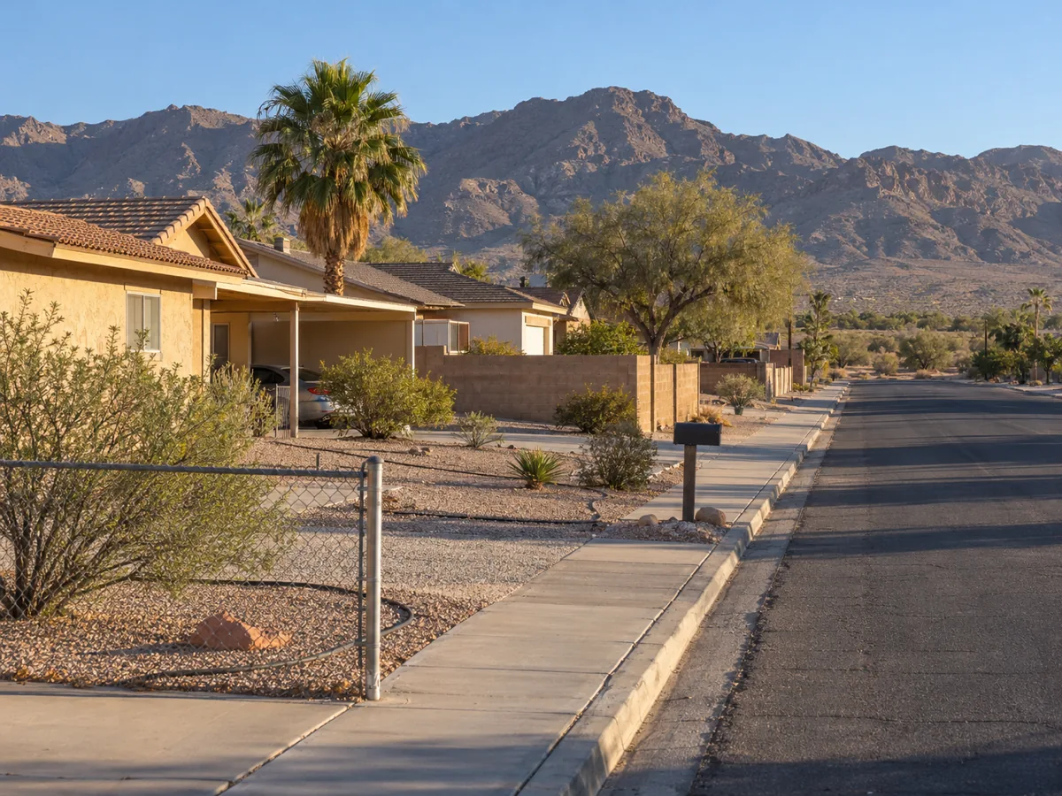Older single-storey stucco ranch homes near the Boulder Highway corridor in Whitney, NV, Frenchman Mountain behind