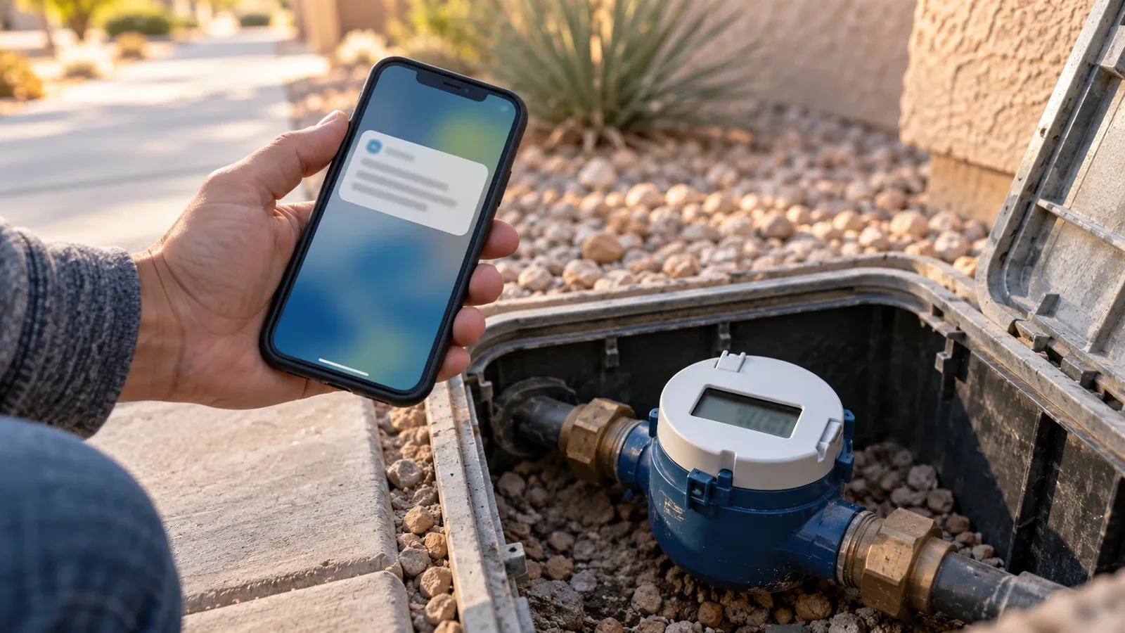 Phone showing a blank notification beside a water meter in an open box, checking a continuous flow alert in Las Vegas, NV