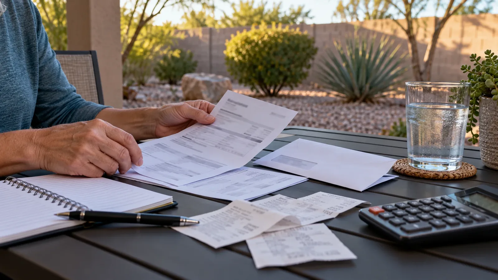 Folded water bill, receipts and a pen on a patio table in a Las Vegas, NV backyard, preparing a leak program application