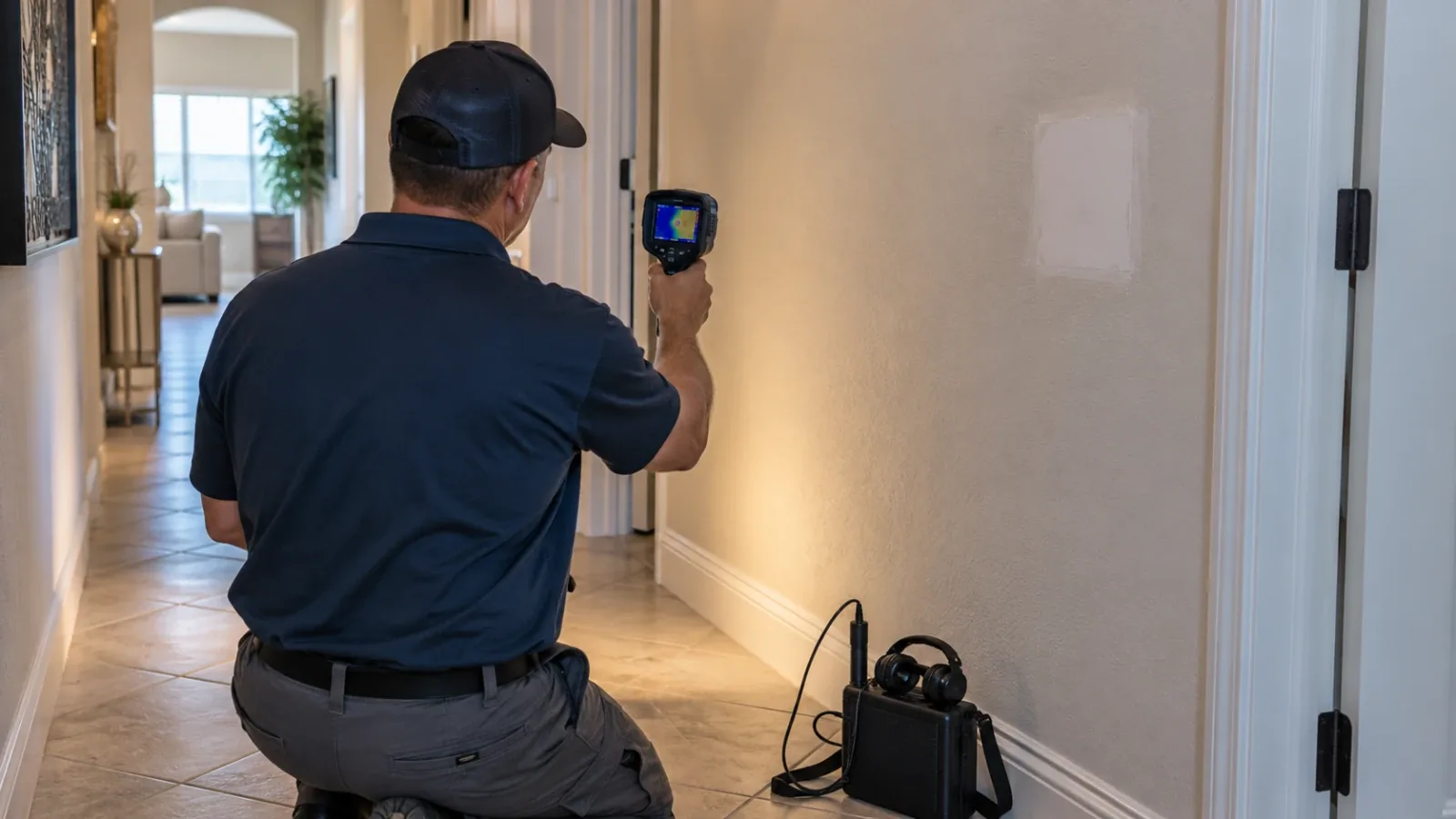 Technician scanning a hallway wall with a thermal camera after an earlier search found nothing in a Las Vegas, NV home